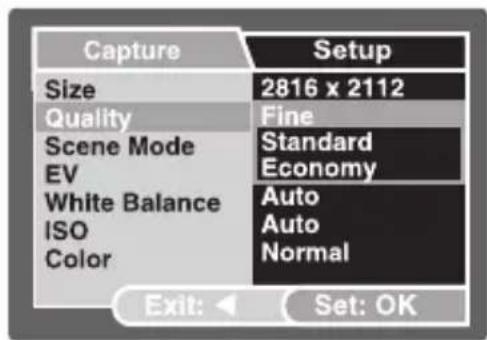 Capture Size 2816 x 2112 Quality Fine Scene Mode Standard EV Economy White Balance Auto ISO Auto Color Normal Exit: Set: OK