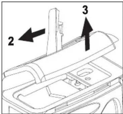 Technical diagram of a mechanical component with numbered parts and directional arrows indicating assembly or movement.