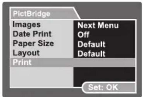 PictBridge Images Date Print Paper Size Layout Print Next Menu Off Default Default Set: OK