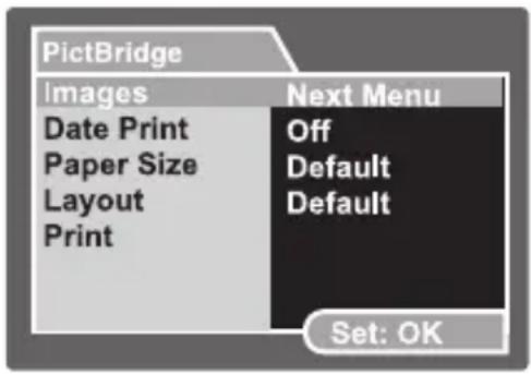 PictBridge Images Date Print Paper Size Layout Print Next Menu Off Default Default Set: OK