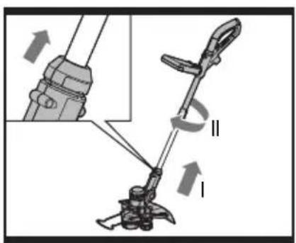 Diagram showing mechanical assembly with labeled parts I and II, including a lever mechanism and directional arrows.