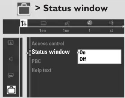 > Status window Access control Status window On PBC Off Help text