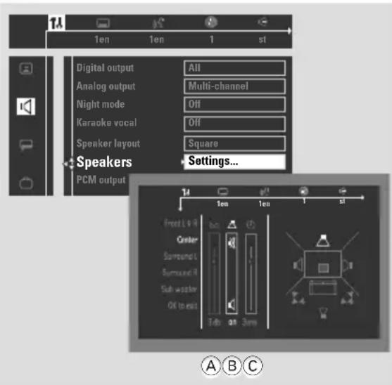 Digital output All Analog output Multi-channel Night mode Off Karaoke vocal Off Speaker layout Square Speakers Settings... PCM output 14 1en 1en 1 st Front L @ R Center Surround L Surround R Sub woster OK to exit 3db at 3ms A B C