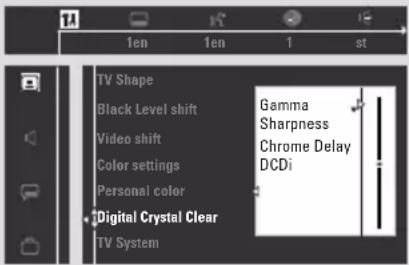 TV Shape Black Level shift Video shift Color settings Personal color Digital Crystal Clear TV System Gamma Sharpness Chrome Delay DCDi