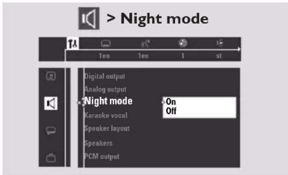 > Night mode Digital output Analog output Night mode On Karaoke vocal Off Speaker layout Speakers PCM output