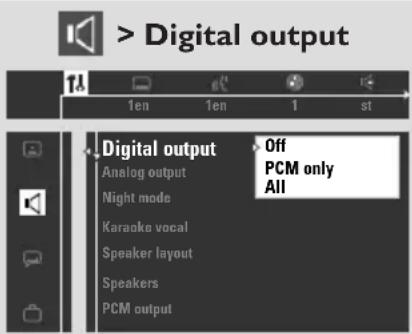 > Digital output 1en 1en 1 st Digital output Off Analog output PCM only Night mode All Karaoke vocal Speaker layout Speakers PCM output