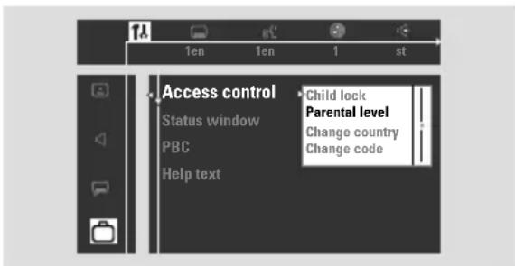 1en 1en 1 st Access control Child lock Status window Parental level PBC Change country Help text Change code