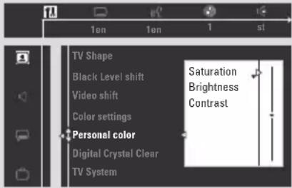 TV Shape Black Level shift Saturation Video shift Brightness Color settings Contrast Personal color Digital Crystal Clear TV System