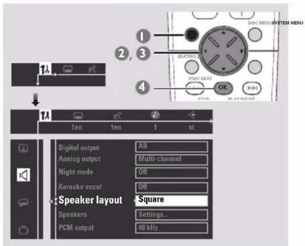 DBC MENU SYSTEM MENU 1 2, 3 BEATING PREV NEXT OK STAR R & VIRANISE 1A 1B 1C st Digital output All Analog output Multi-channel Night mode Off Kanaoke vocal Off Speaker layout Square Speakers Settings... PCM output 48 kHz