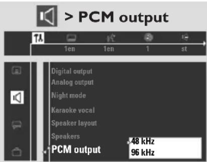> PCM output 1en 1en 1 st Digital output Analog output Night mode Karaoke vocal Speaker layout Speakers PCM output 48 kHz 96 kHz