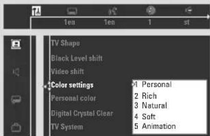 TV Shape Black Level shift Video shift Color settings Personal color Digital Crystal Clear TV System 1 Personal 2 Rich 3 Natural 4 Soft 5 Animation