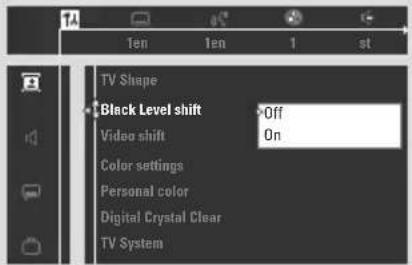 TV Shape Black Level shift Off Video shift On Color settings Personal color Digital Crystal Clear TV System