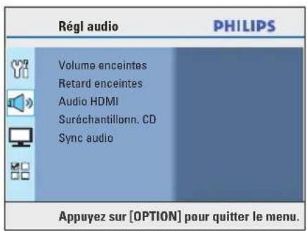 Régl audio PHILIPS Volume enceintes Retard enceintes Audio HDMI Suréchantillonn. CD Sync audio Appuyez sur [OPTION] pour quitter le menu.