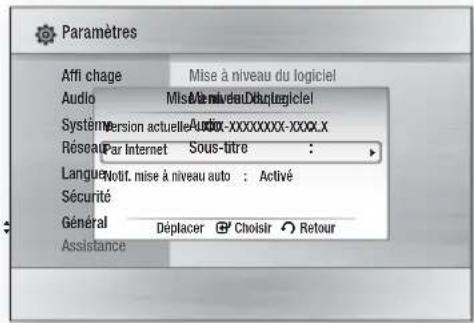Paramètres Affi chage Mise à niveau du logiciel Audio Miss Aïneau D'logiciel System Version actuelle Audio-XXXXXXXX-XXXX.X Réseau Par Internet Sous-titre : Language Motif. mise à niveau auto : Activé Sécurité Général Déplacer Choisir Retour Assistance