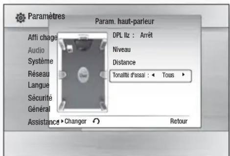 Paramètres Param. haut-parleur Affi chage Audio Système Réseau Langue Sécurité Général Assistance • Changer DPL liz : Arrêt Niveau Distance Tonalité d'assai : Tous Retour