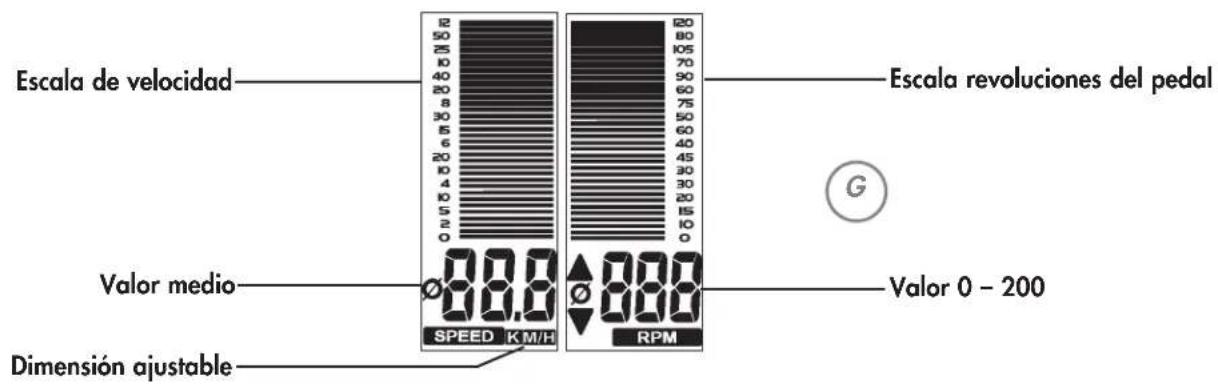 Escala de velocidad Valor medio Dimensión ajustable SPEED KM/H RPM 120 80 105 70 90 60 75 50 40 30 20 15 10 0 Escala revoluciones del pedal Valor 0 - 200
