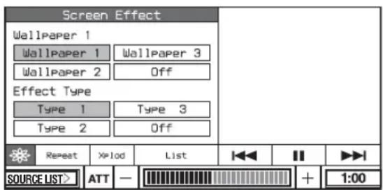 Screen Effect WallPaper 1 WallPaper 1 Wallpaper 3 WallPaper 2 Off Effect Type Type 1 Type 3 Type 2 Off Repeat Xload List <<|| || >> SOURCE LIST> ATT - [REDACTED] + 1:00
