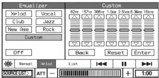 Equalizer Xplod Vocal Club Jazz New Age Rock Custom Off Custom 62Hz 157Hz 386Hz 1.0kHz 2.5kHz 6.34kHz 16kHz Back Reset Enter Repeat Xplod List <<||+►► SOURCE LIST> ATT - [Imagen] + 1:00