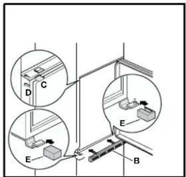 Technical diagram showing labeled mechanical components with annotations A, B, C, D, E, and directional arrows indicating assembly or assembly.