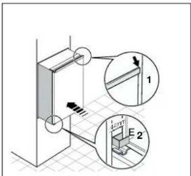 Technical diagram showing a mechanical assembly with labeled components and directional arrows, including annotations 1 and 2.