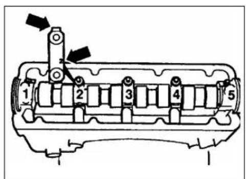 Technical diagram of a mechanical assembly with numbered components and directional arrows indicating motion or force