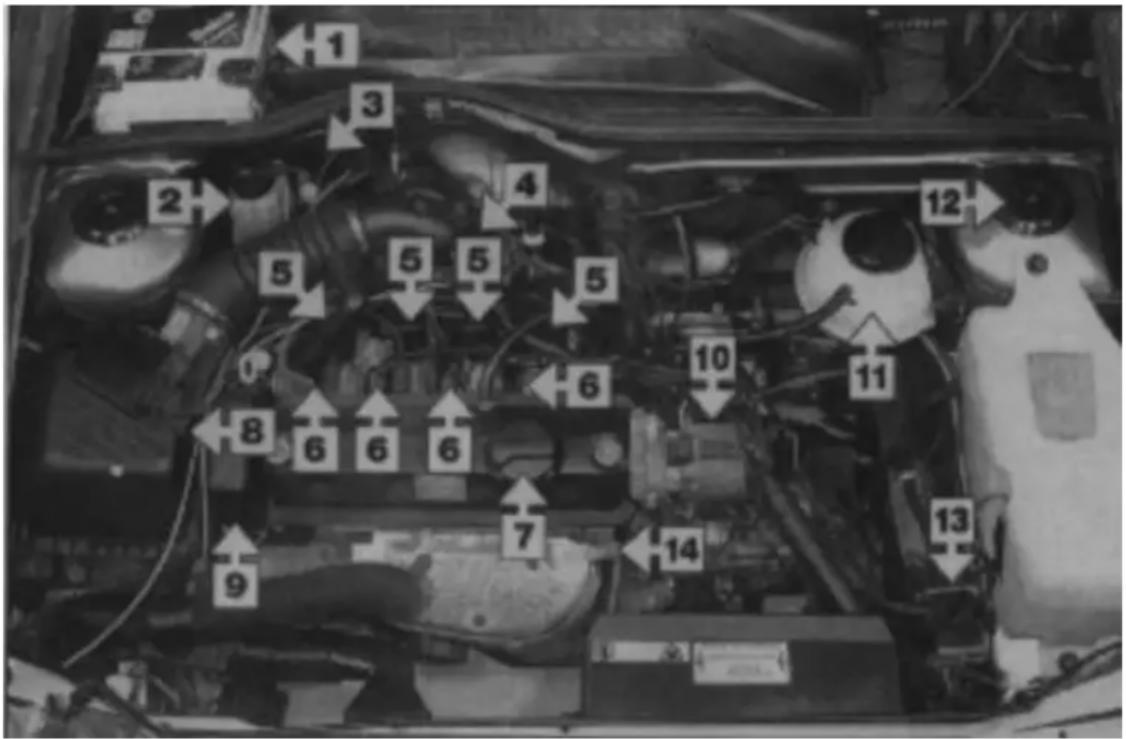 Labeled mechanical or automotive engine component diagram with numbered parts and directional arrows indicating assembly or movement.