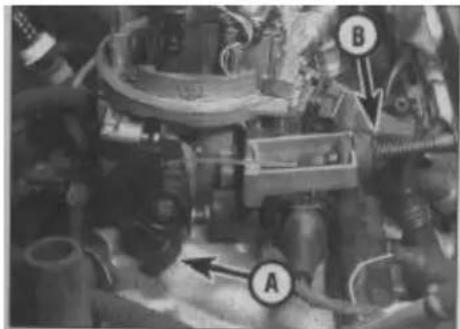 Technical diagram of a mechanical assembly with labeled components A and B, showing internal components and directional arrows.