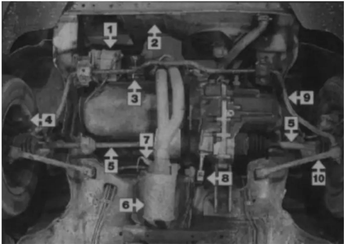 Labeled mechanical component diagram with numbered parts and directional arrows indicating assembly or movement
