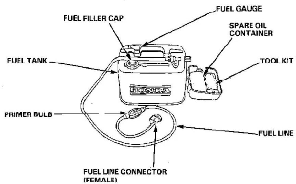 FUEL FILLER CAP FUEL GUAGE SPARE OIL CONTAINER TOOL KIT FUEL TANK HONDA PRIMER BULB FUEL LINE FUEL LINE CONNECTOR (FEMALE)