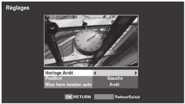 Réglages Horloge Arrêt Position Mise hors tension auto Gauche Arrêt OK RETURN RetourSaisir