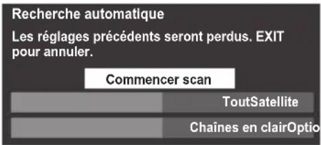 Recherche automatique Les réglages précédents seront perdus. EXIT pour annuler. Commencer scan ToutSatellite Chaînes en clairOptio