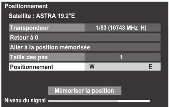 Positionnement Satellite : ASTRA 19.2°E Transpondeur 1/83 (10743 MHz H) Retour à 0 Aller à la position mémorisée Taille des pas 1 Positionnement W E Mémoriser la position Niveau du signal