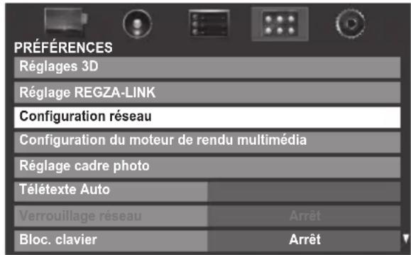 PRÉFÉRENCES Réglages 3D Réglage REGZA-LINK Configuration réseau Configuration du moteur de rendu multimédia Réglage cadre photo Télétexte Auto Verrouillage réseau Arrêt Bloc. clavier Arrêt