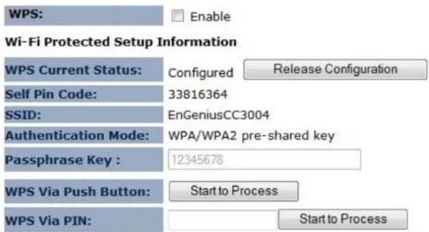 WPS: Enable Wi-Fi Protected Setup Information WPS Current Status: Configured Release Configuration Self Pin Code: 33816364 SSID: EnGeniusCC3004 Authentication Mode: WPA/WPA2 pre-shared key Passphrase Key : 12345678 WPS Via Push Button: Start to Process WPS Via PIN: Start to Process