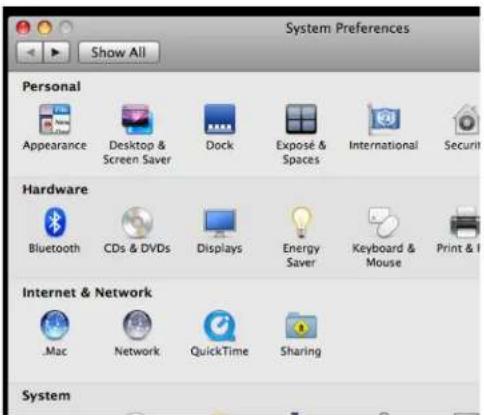 System Preferences Show All Personal Appearance Desktop & Screen Saver Dock Expose & Spaces International Security Hardware Bluetooth CDs & DVDs Displays Energy Saver Keyboard & Mouse Print & Internet & Network Mac Network QuickTime Sharing System