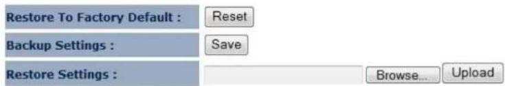 Restore To Factory Default : Reset Backup Settings : Save Restore Settings : Browse... Upload