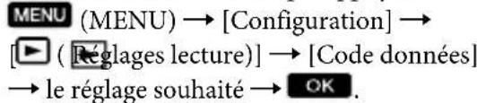 MENU (MENU) → [Configuration] → [▶ ( Réglages lecture)] → [Code données] → le réglage souhaité → OK.