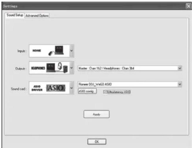 Settings Sound Setup Advanced Options Input: NONE Output: HEADphones Master: Olan 162/Headphones: Olan 384 Sound card: ASIO DRIVER ASIO Pioneer 00J_WeGO ASIO ASIO config Ultrategry ASIO Apply OK