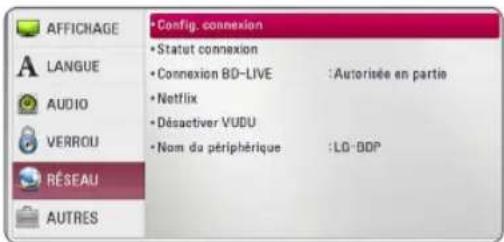 AFFICHAGE LANGUE AUDIO VERROU RÉSEAU AUTRES • Config. connexion • Statut connexion • Connexion BD-LIVE : Autorisée en partie • Netflix • Désactiver VUDU • Nom du périphérique : LD: BDP