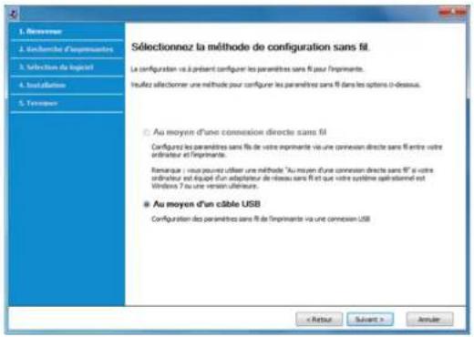 1. Newowner 2. Enchende d'impéments 3. Selection de logiciel 4. Installation 5. Tensioner Sélectionnez la méthode de configuration sans fil. La configuration va à présent configurer les paramètres sans fil pour l'impérimente. Reutée sélectionner une méthode pour configurer les paramètres sans fil dans les options ci-dessus. ○ Au moyen d'une connexion directe sans fil Configurés les paramètres sans fil de votre impérimente via une connexion directe sans fil entre votre administrateur et l'impérimente. Remanque : vous pouvez utiliser une méthode "Au moyen d'une connexion directe sans fil" si votre administrateur est équipé d'adapturier de réseau sans fil et que votre système opérationnel est Windows 7 ou une version ultérieure. ● Au moyen d'un câble USB Configuration des paramètres sans fil de l'impérimente via une connexion USB < Retour Suave > Anuler