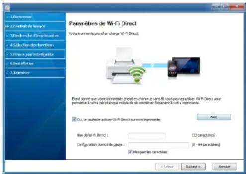 1. Remover 2. Corset de lenses 3. Recherche d'impériantes 4. Selection des fonctions 5. Use à your intellectrice 6. Installation 7. Termination Paramètres de Wi-Fi Direct Votre imprimants prend en charge Wi-Fi Direct. Etant donné que votre imprimants prend en charge le sand file, vous pouvez utiliser Wi-Fi Direct pour permaitte à votre périphérique mobile de ses connecter fixatement à votre imprimants. Oui, je souhaite active Wi-Fi Direct sur non-imprimants. Nom de Wi-Fi Direct : (13 caractères) Configuration dur not de passe : (8-104 caractères) Masquer les caractères < Refer Sur Sufant > Answer