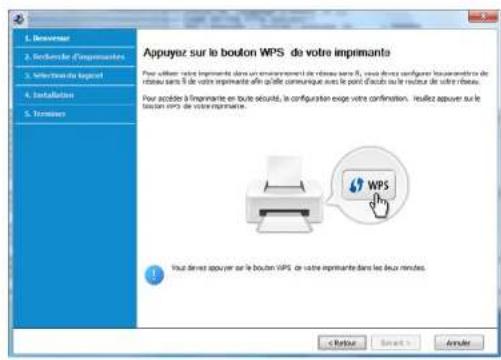1. Approveur 2. Veränderer d'informantes 3. Intermete logoic 4. Installation 5. Témines Appuyez sur le bouton WPS de votre imprimants Pour action votre imprimants dans un environnement de rêbase sans 5, vous devez configuer l'informations de rêbase sans 5 de votre imprimante afin qu'elle communiqué avec le point d'accès ou le recuter de votre rêbase. Pour accides à l'informante en toute sécurité, la configuration expte votre confirmation. Reuées appuyez sur le bouton WPS de votre imprimants. 1. Vous devez appuyez sur le bouton WPS de votre imprimante dans les deux minutes. < Return Next > Finish