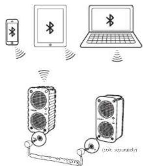 Diagram illustrating wireless device connections with smartphone, tablet, laptop, speaker, and speaker unit connected via wireless signals.