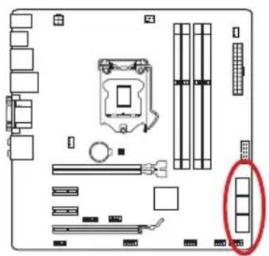 Diagram of a computer motherboard layout showing CPU socket, RAM slots, and memory card (no text or labels)