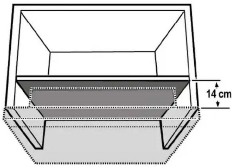 Technical diagram of a 3D container or tray structure with a 14 cm dimension label (no text or symbols beyond the scale indicator).