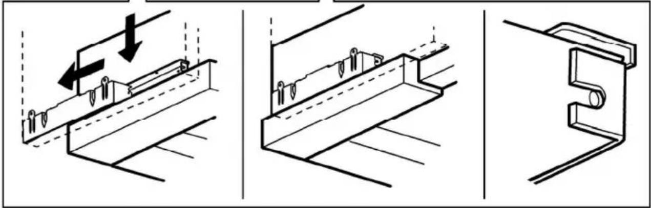 Three technical line drawings showing mechanical assembly or mounting process (no text or symbols)
