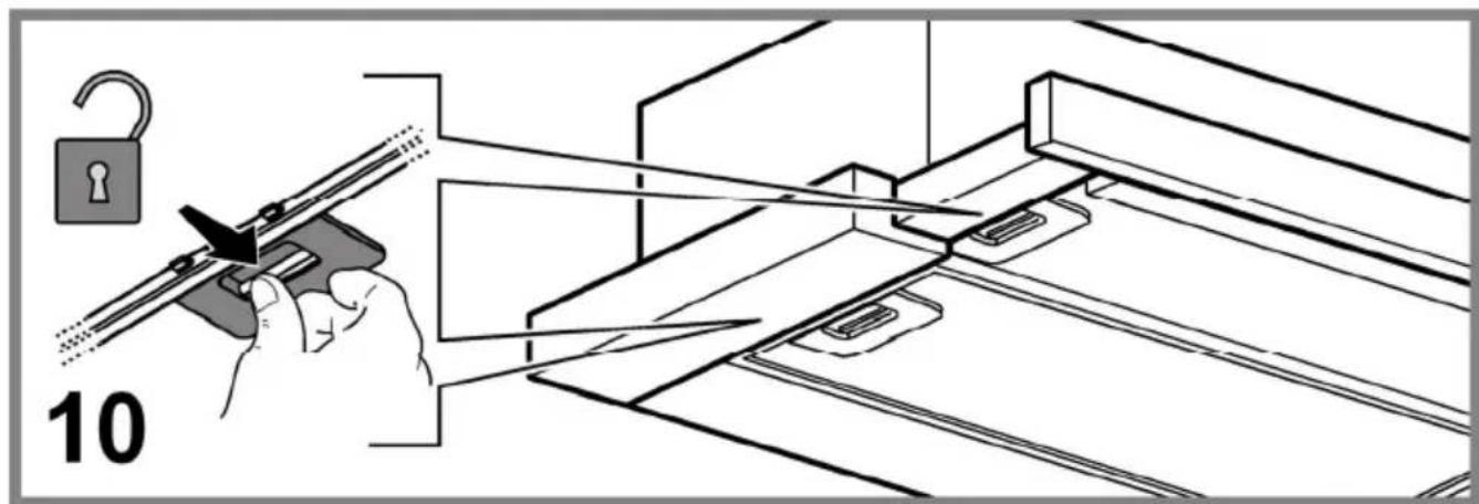 Illustration of a hand using a lock to adjust or install a mechanical component, with no visible text or symbols.