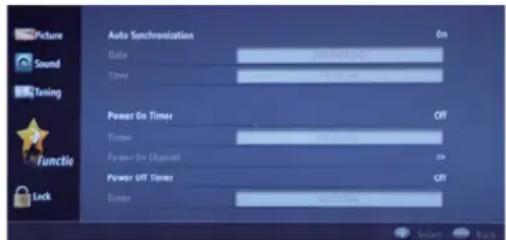 Picture Sound Timing Data Time Power On Timer Times Power On Distanced Power Off Timet Timer On Off Off OK Select Back