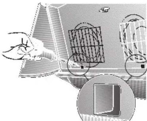 Illustration of a hand holding a pen over a grid-patterned panel, with inset close-ups showing magnified views (no text or symbols)