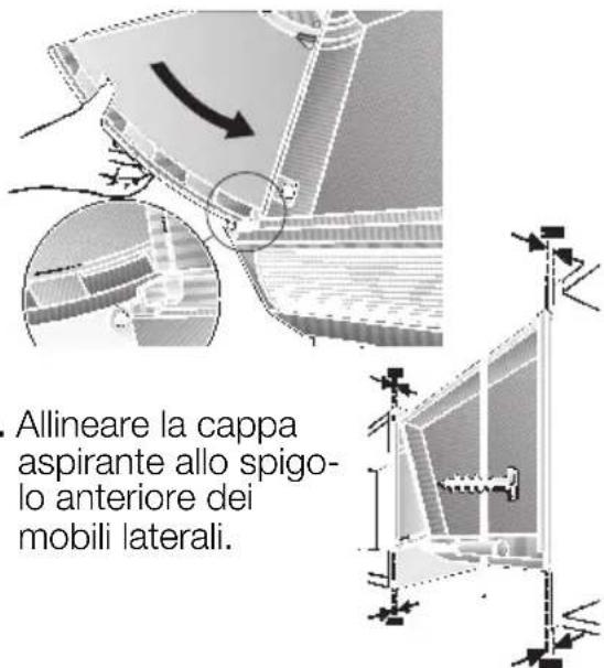 Allineare la cappa aspirante allo spigo- lo anteriore dei mobili laterali.